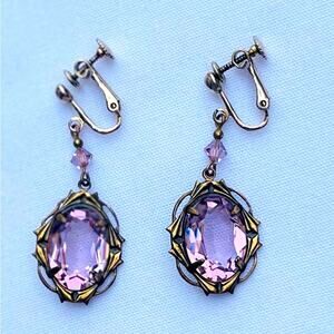 Vtg Sadie Green Amethyst Crystal Dangle Screw Back Earrings Art Deco Clip on